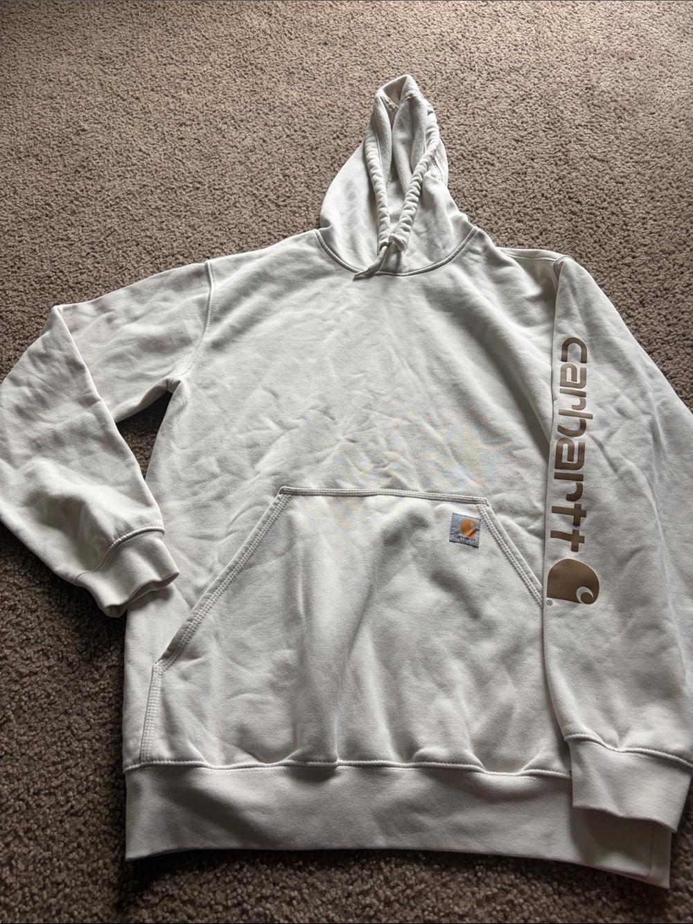 B29 Carhartt Men’s Md  Cream Crewneck Hoodie with Sleeve Logo